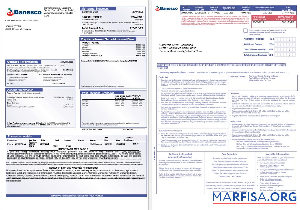 Downloadable Venezuela Banesco bank mortgage statement in Word and PDF formats, 3 pages 1 2 template